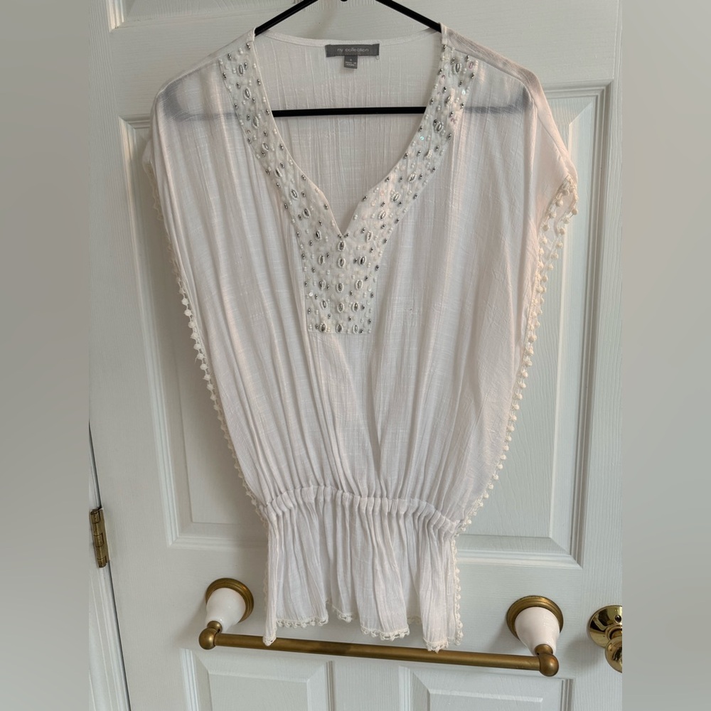 White Embellished Women's Beach Coverup Top - S